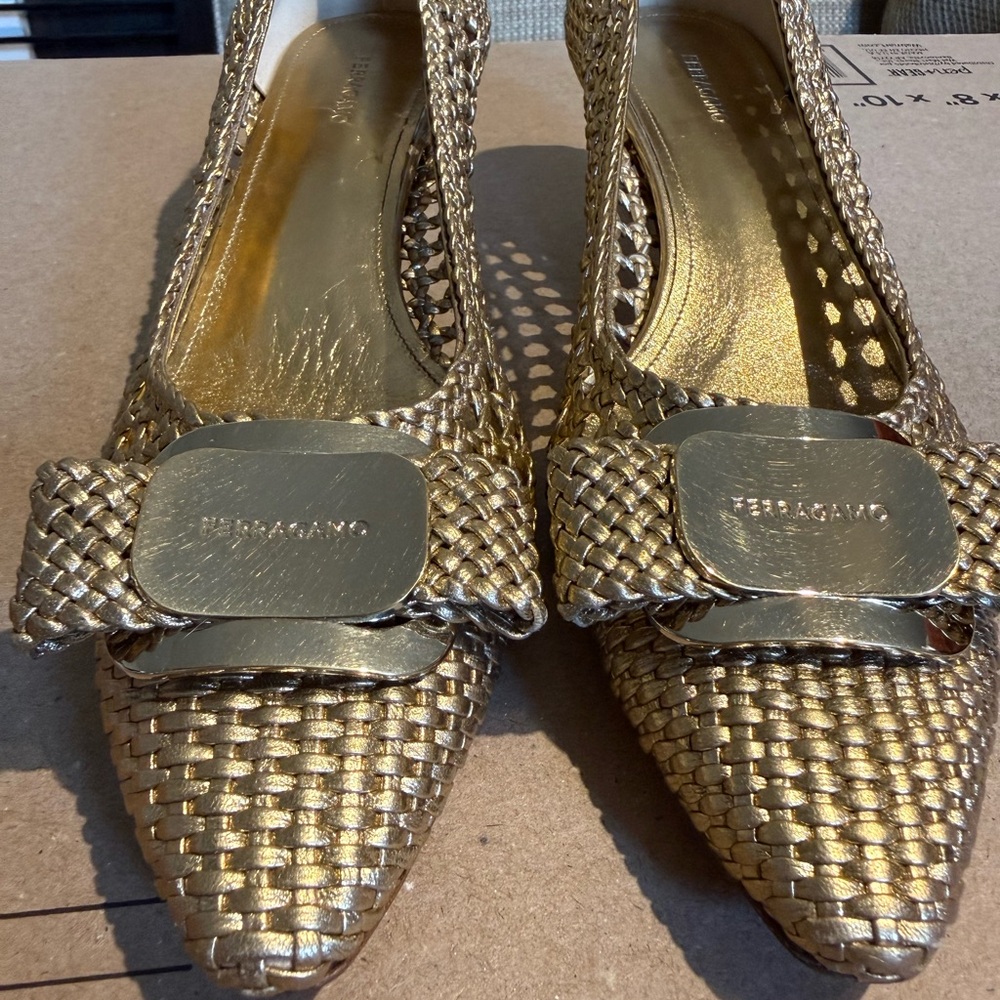 Salvatore Ferragamo Gold Woven Heels